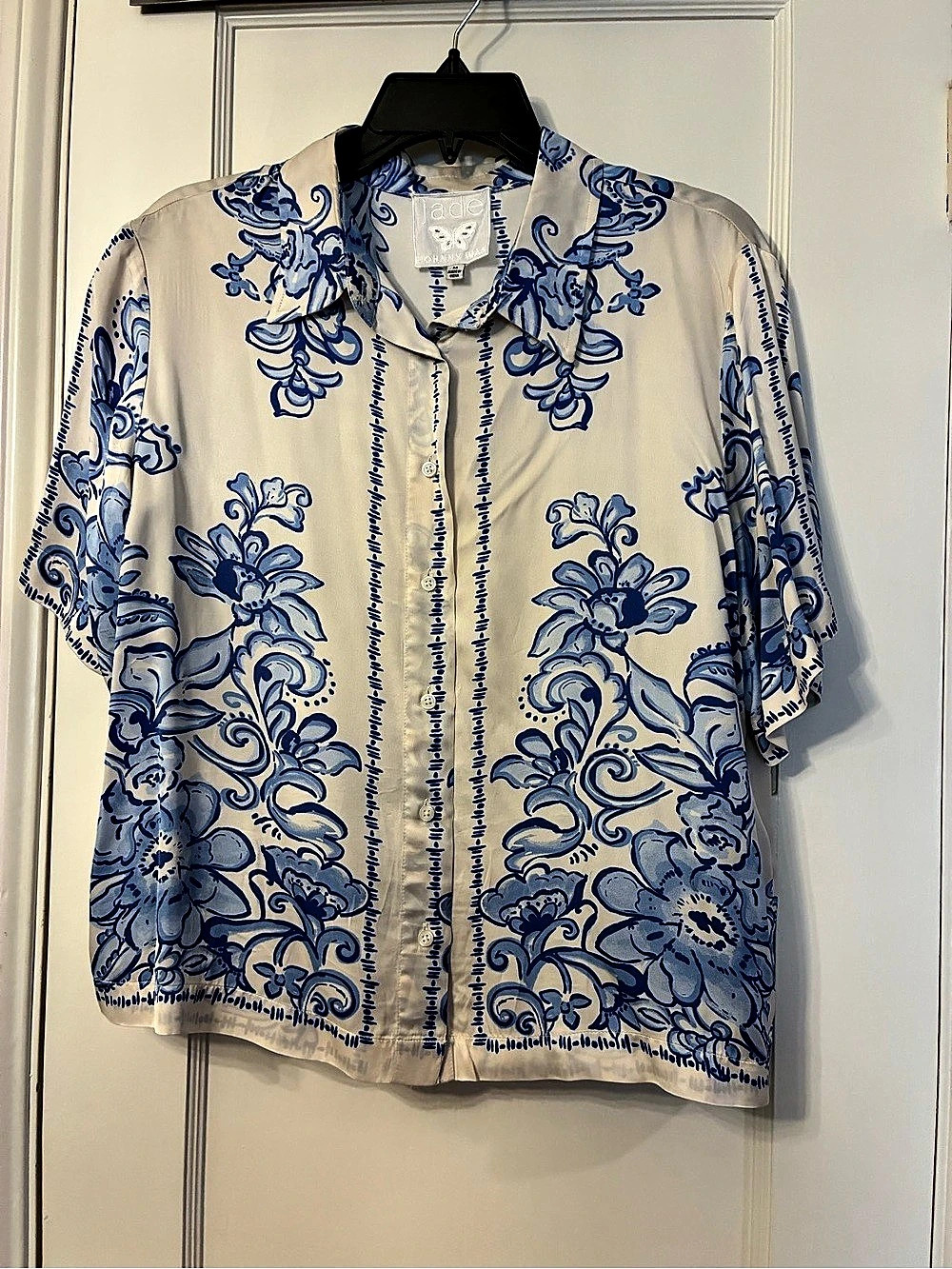 Johnny Was Floral Button-Down Shirt in White & Blue